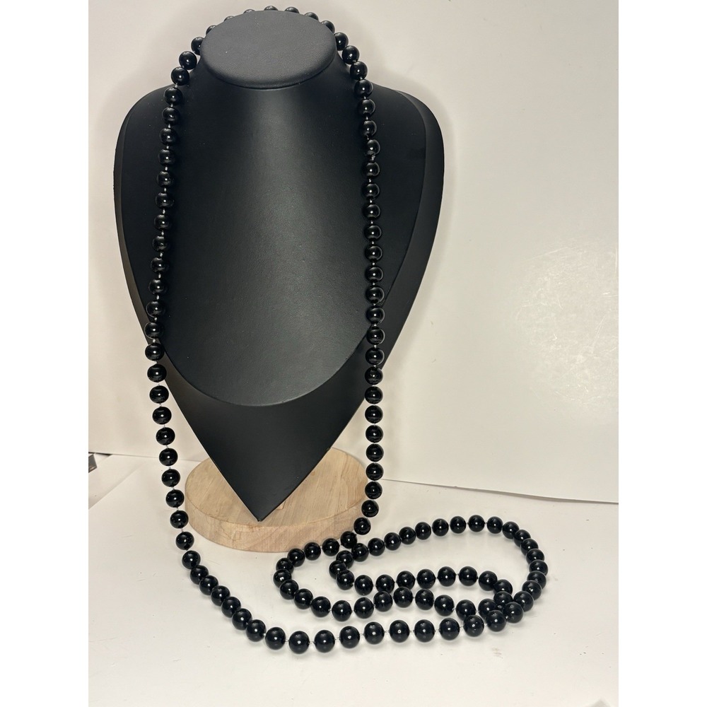 Vintage Black Acrylic Bead Necklace 52" Hand Knotted Flapper Opera Length